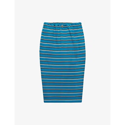 PRADA WOMENS PRADA STRIPED TRIANGLE-LOGO COTTON PIQUÉ MIDI SKIRT