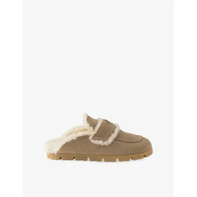 Prada Womens Neutral Brand-plaque Suede And Shearling Mules Eur 38.5 / 5.5 Uk