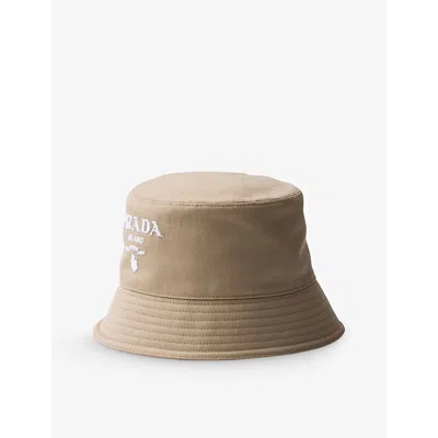 Prada Womens Neutral Branded Wide-brim Cotton Bucket Hat In Brown