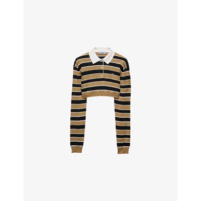 Prada Womens Neutral Cropped Stripe Silk Polo Shirt In Multi