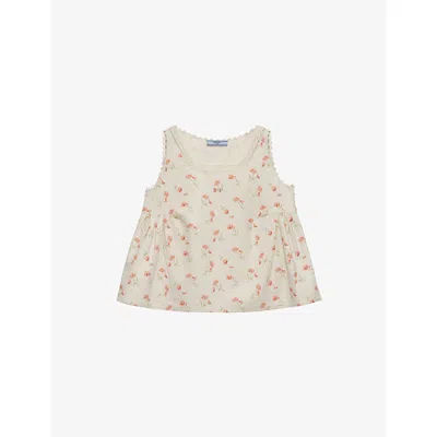 Prada Womens Neutral Embroidered Floral-print Cotton And Linen Top