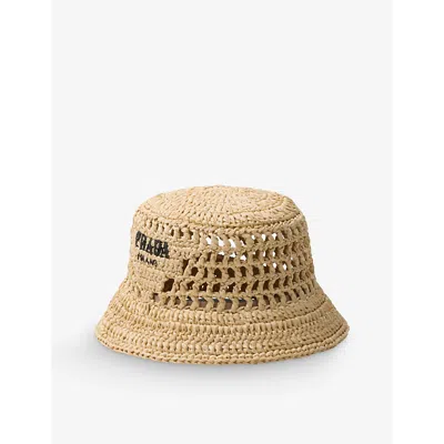 PRADA WOMENS NEUTRAL EMBROIDERED LETTERED-LOGO CROCHET BUCKET HAT