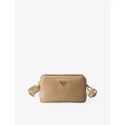 PRADA WOMENS NEUTRAL ENAMELLED -LOGO SMALL LEATHER CROSS-BODY BAG