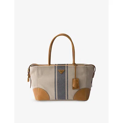 Prada Womens Neutral Large Canvas And Leather Shopping Bag