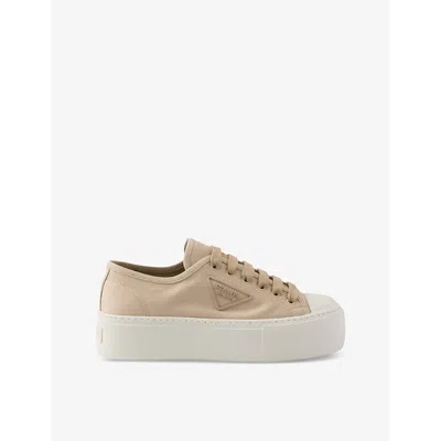 Prada Womens Neutral Logo-appliqué Woven Platform Trainers