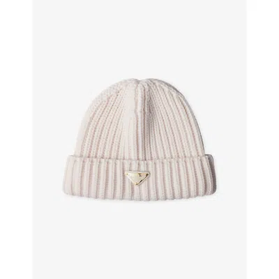 PRADA WOMENS NEUTRAL LOGO-EMBELLISHED KNITTED WOOL BEANIE