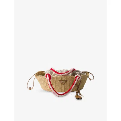 Prada Womens Neutral Logo-embellished Small Raffia Crochet Bag