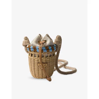PRADA WOMENS NEUTRAL LOGO-EMBELLISHED WICKER BASKET BAG