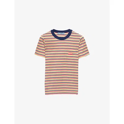 Prada Womens Neutral Logo-patch Striped Cotton-lisle T-shirt