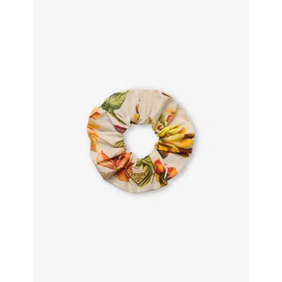 Prada Womens Neutral Logo-plaque Floral-print Fabric Scrunchie In Multi