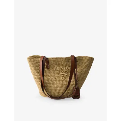 Prada Womens Neutral Logo-embroidered Medium Crochet Raffia-effect Tote Bag