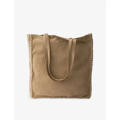 Prada Womens Neutral Logo-print Large Suede And Crochet Tote Bag