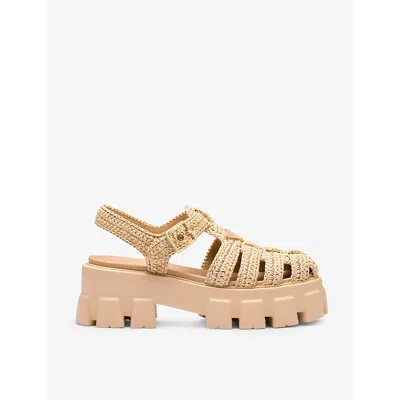 PRADA WOMENS NEUTRAL MONOLITH LOGO-PLAQUE CHUNKY-SOLE CAGED CROCHET SANDALS EUR 37 / 4 UK