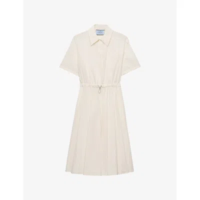 Prada Womens Neutral Short-sleeved Technical Cotton-blend Midi Shirt Dress In White