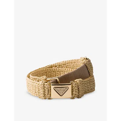 PRADA WOMENS NEUTRAL TRIANGLE-BUCKLE RAFFIA-EFFECT WOVEN BELT