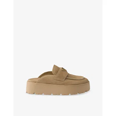 PRADA WOMENS NEUTRAL TRIANGLE-LOGO SUEDE FLATFORM MULES EUR 39.5 / 6.5 UK