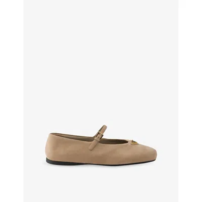 Prada Womens Neutral Triangle-logo Suede Ballerina Flats Eur 40 / 7 Uk
