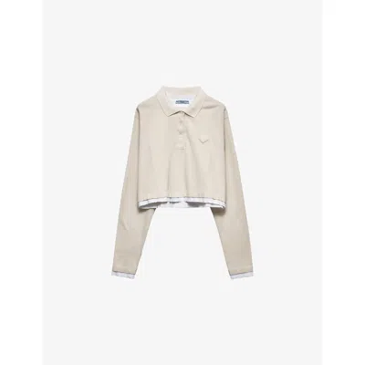 Prada Womens Neutral Triangle-patch Long-sleeve Piqué Cotton-jersey Polo Shirt