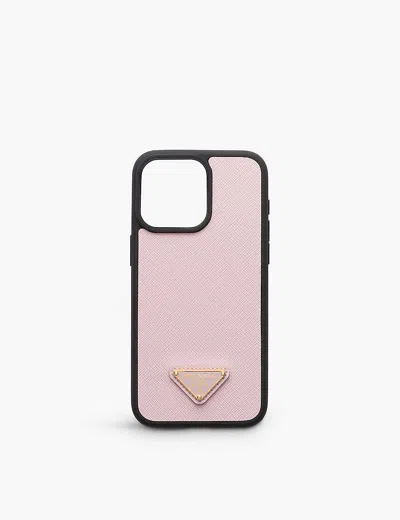 Prada Womens Pink Brand-plaque Leather Iphone 15 Pro Cover