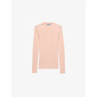 Prada Womens Pink Brand-plaque Slim-fit Wool Jumper