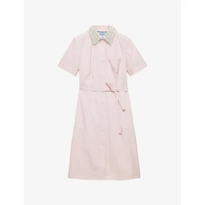 Prada Womens Pink Embroidered-collar Cotton Poplin Shirt Dress In Animal Print