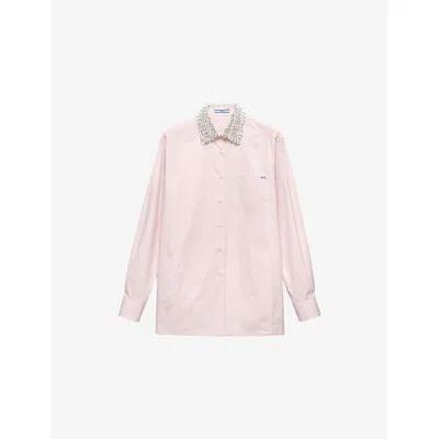 Prada Womens Pink Embroidered-collar Triangle-patch Cotton Poplin Shirt