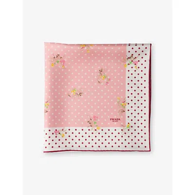 Prada Womens Pink Floral And Polka-dot Print 55 Silk-twill Scarf In Multi