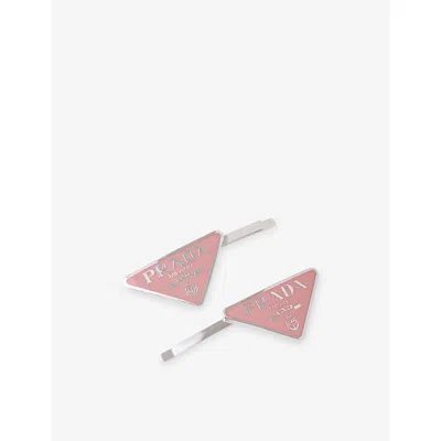 Prada Womens Pink Logo-plaque Silver-toned Metal Hair Clips Set Of Two