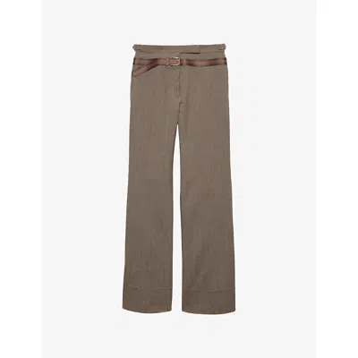 PRADA WOMENS GREY 3D BELT-PRINT STRAIGHT-LEG WOOL-BLEND TROUSERS