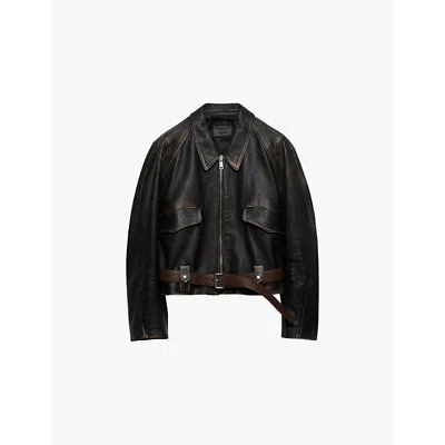 PRADA WOMENS BLACK BELTED-HEM FADED LEATHER JACKET