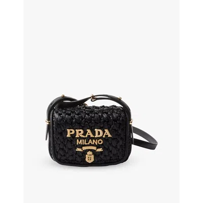 Prada Logo-embroidered Interwoven Shoulder Bag In Black
