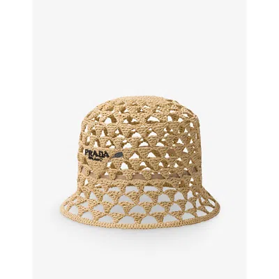 Prada Womens  Brand-embroidered Cut-out Woven Bucket Hat In Neutral