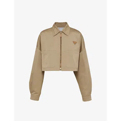 PRADA WOMENS NEUTRAL BRAND-PLAQUE CROPPED REGULAR-FIT COTTON JACKET