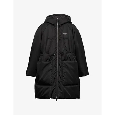 PRADA WOMENS BLACK BRAND-PLAQUE FUNNEL-NECK RELAXED-FIT SHELL-DOWN COAT