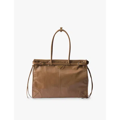 PRADA WOMENS BROWN BRAND-PLAQUE LARGE LEATHER SHOULDER BAG