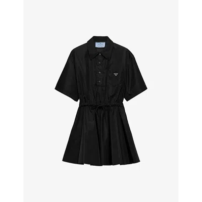 Prada Re-nylon Drawstring Fit-flare Mini Dress In F0002 Nero