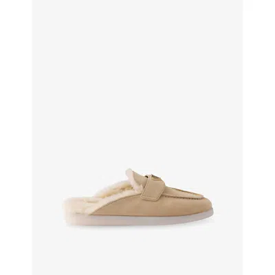 Prada Womens  Brand-plaque Suede And Shearling Mules In Neutral