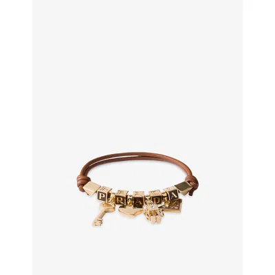 Prada Womens  Brand-charm Leather And Metal Bracelet In Brown