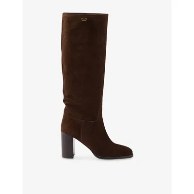 Prada Womens  Branded Suede Knee-high Boots In Brown