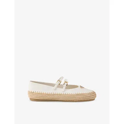 Prada Womens  Brand-plaque Leather And Raffia Ballet Flats In Neutral