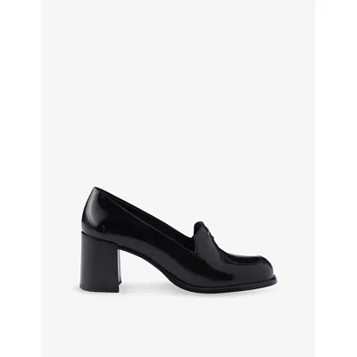 Prada Womens  Brushed Heeled Leather Loafers In Black