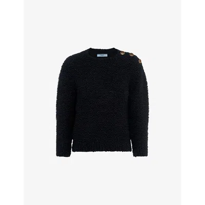 PRADA WOMENS BLACK BUTTON-EMBELLISHED BOUCLÉ-TEXTURED WOOL JUMPER
