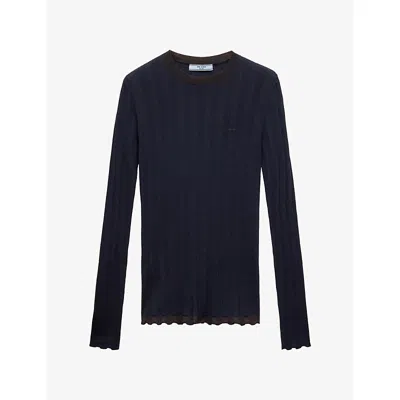 Prada Womens  Contrast-trim Ribbed Wool Jumper In Blue