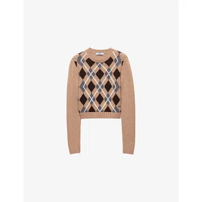 PRADA WOMENS BROWN CREWNECK JACQUARD-KNIT CASHMERE JUMPER