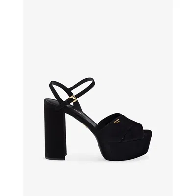 Prada Womens  Criss-cross Suede Heeled Platform Sandals In Black