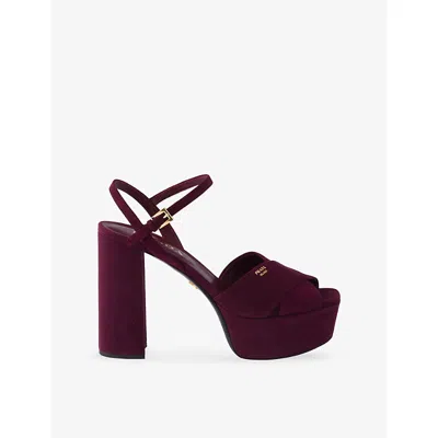 Prada Womens  Criss-cross Suede Heeled Platform Sandals In Burgundy