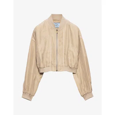 Prada Womens  Cropped Side-pocket Woven Bomber Jacket In Neutral