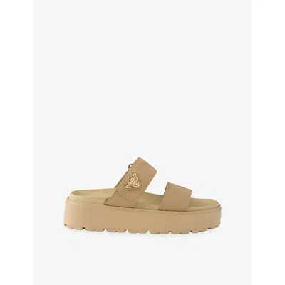 Prada Womens  Double-strap Nubuck Leather Slides In Neutral