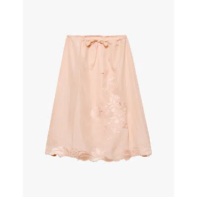 PRADA WOMENS ORANGE EMBROIDERED HABUTAI-SILK MIDI SKIRT