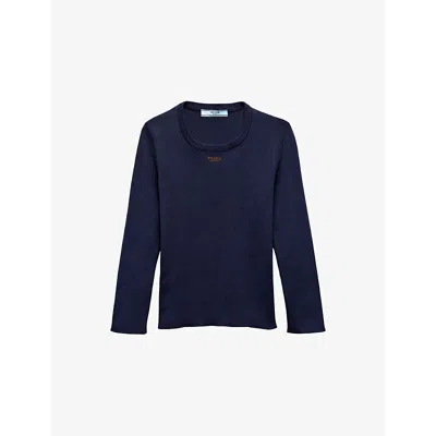 PRADA WOMENS PRADA EMBROIDERED-LETTERING CREWNECK COTTON KNIT TOP